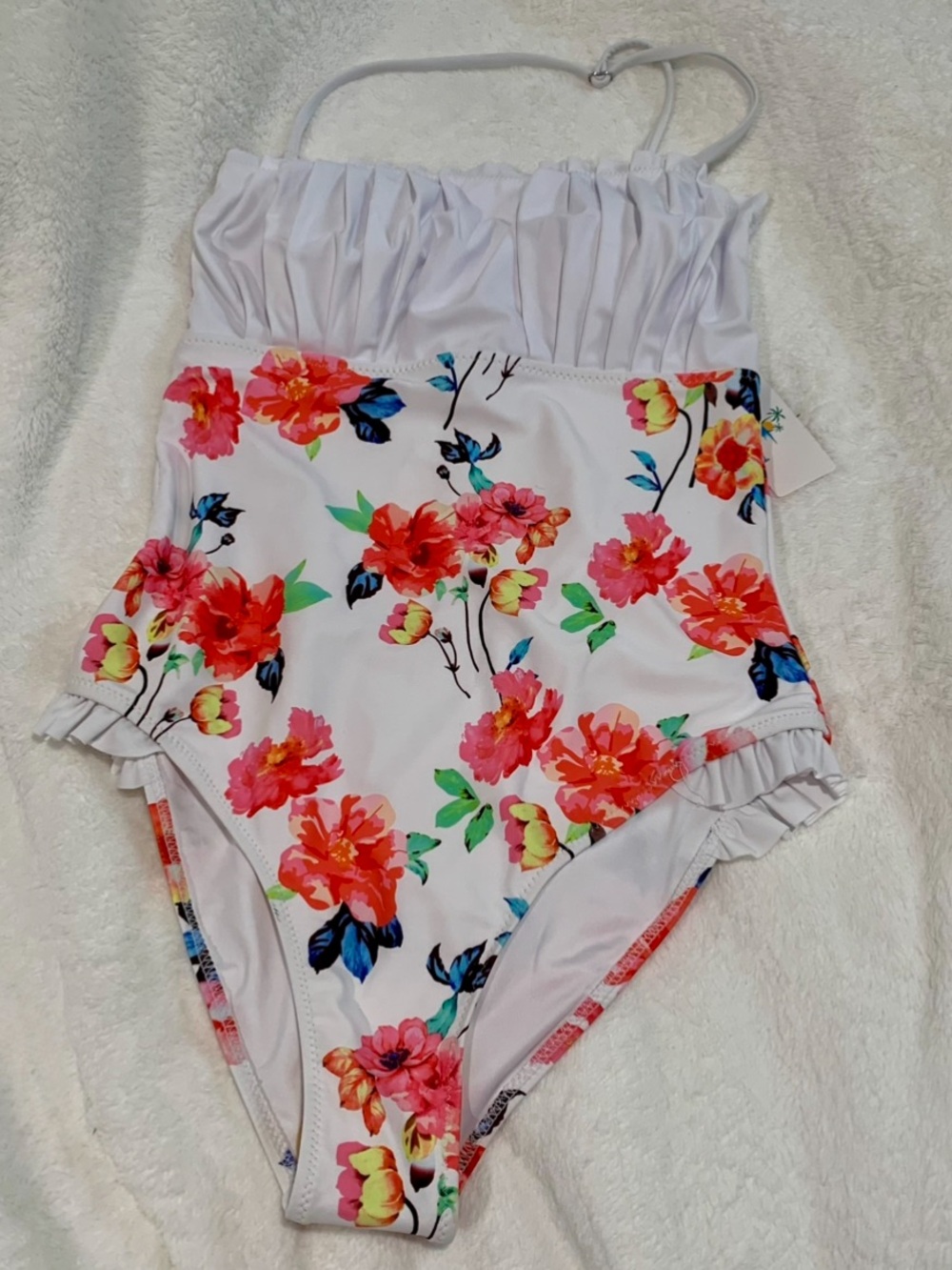 White Floral One-Piece Swimsuit with Ruffled Bust